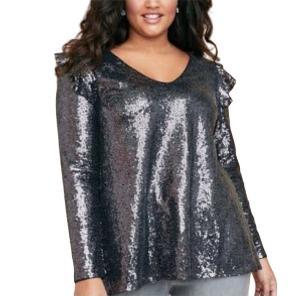 Lane Bryant Gray Gunmetal Sequin Cold Shoulder Top 16